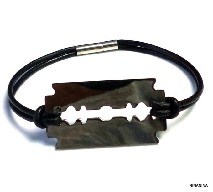 N3080tera_Bracelet_homme_cordon_cuir_lame_de_rasoir_acier_inoxydable