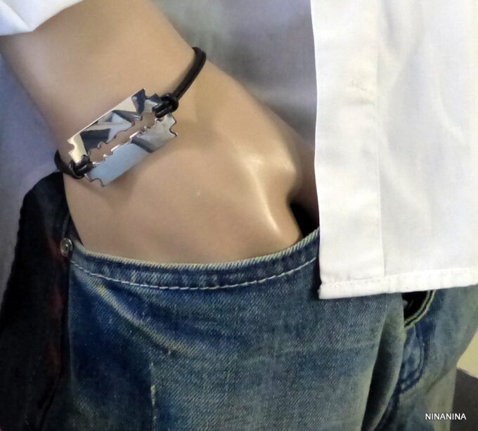 N3080terb_Bracelet_homme_cordon_cuir_lame_de_rasoir_acier_inoxydable