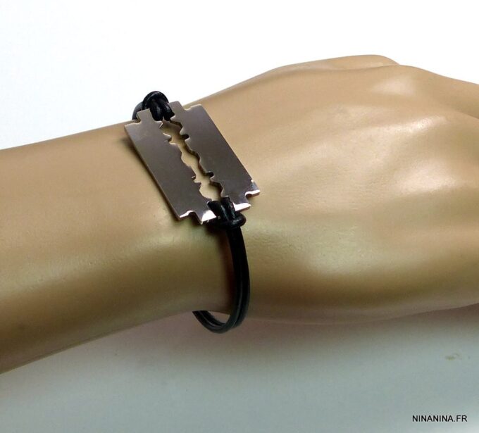 N3080terc_Bracelet_cordon_cuir_lame_de_rasoir_acier_inoxydable