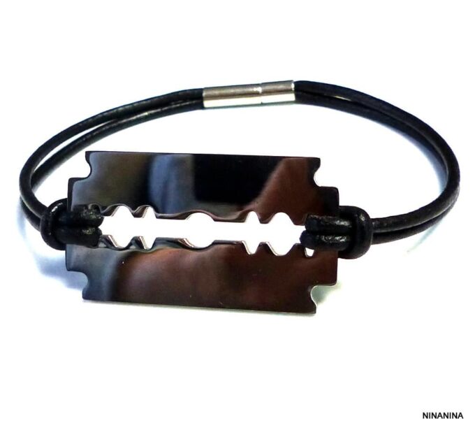 N3080terc_Bracelet_homme_cordon_cuir_lame_de_rasoir_acier_inoxydable