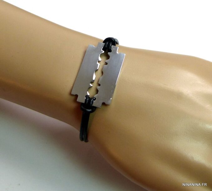 N3080terd_Bracelet_cordon_cuir_lame_de_rasoir_acier_inoxydable