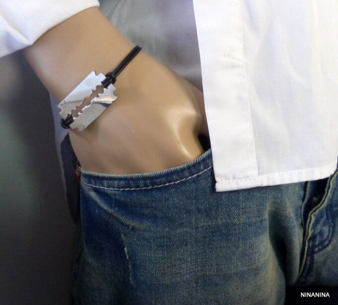 N3080terd_Bracelet_homme_cordon_cuir_lame_de_rasoir_acier_inoxydable