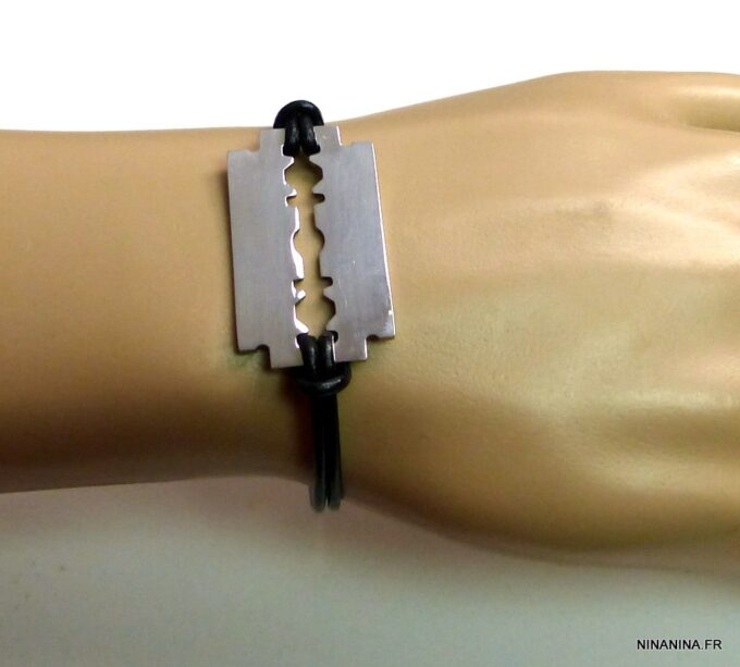 N3080tere_Bracelet_cordon_cuir_lame_de_rasoir_acier_inoxydable