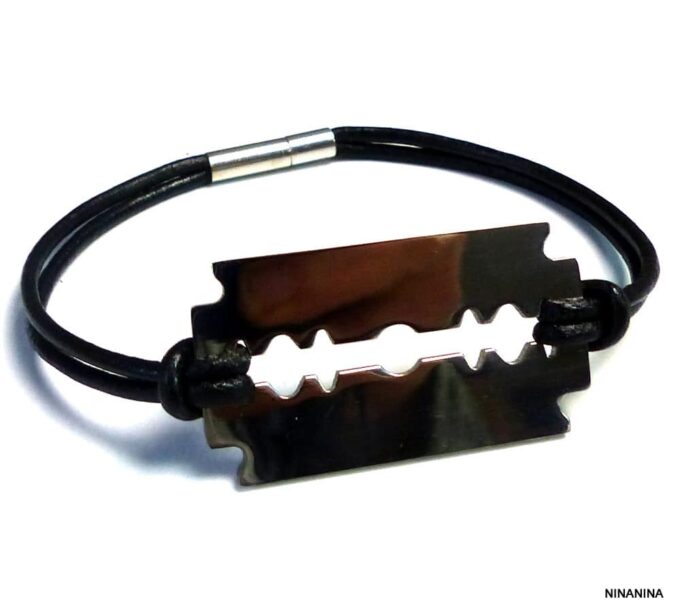 N3080tere_Bracelet_homme_cordon_cuir_lame_de_rasoir_acier_inoxydable