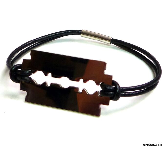 N3080terf_Bracelet_cordon_cuir_lame_de_rasoir_acier_inoxydable