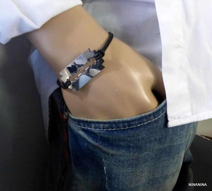 N3080terf_Bracelet_homme_cordon_cuir_lame_de_rasoir_acier_inoxydable