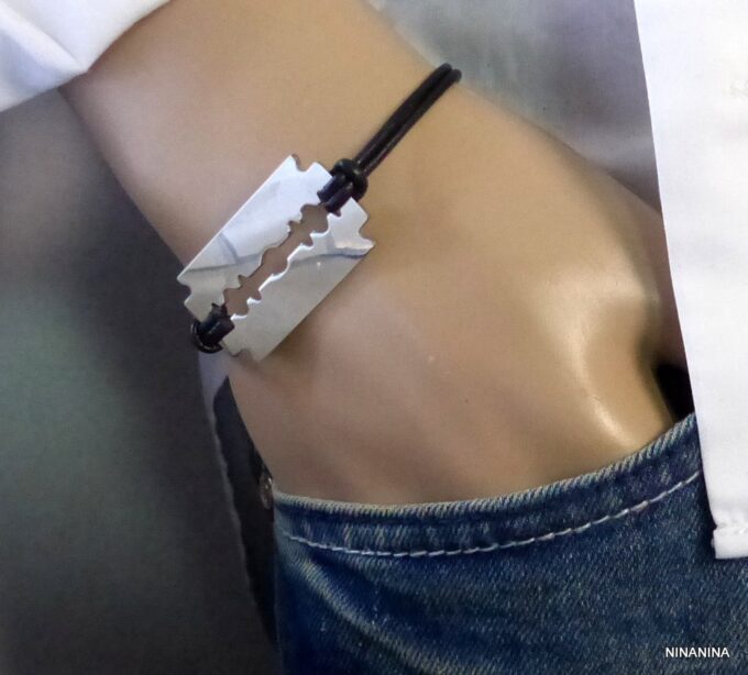 N3080terg_Bracelet_homme_cordon_cuir_lame_de_rasoir_acier_inoxydable