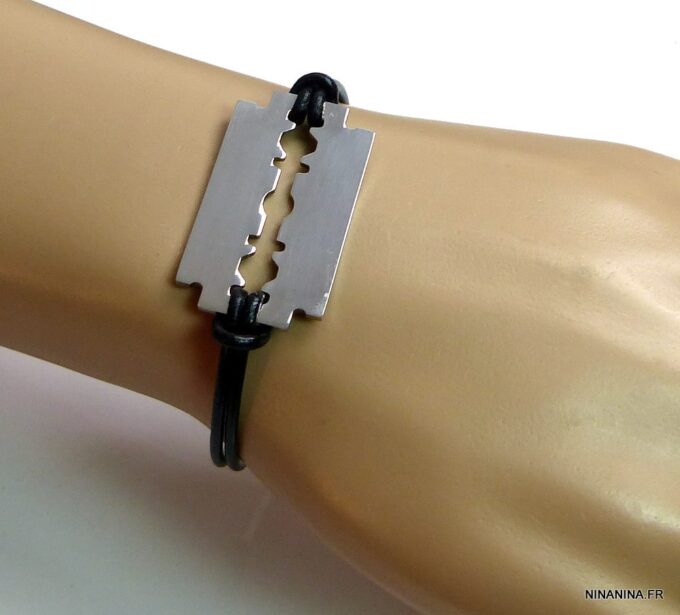 N3080terh_Bracelet_cordon_cuir_lame_de_rasoir_acier_inoxydable