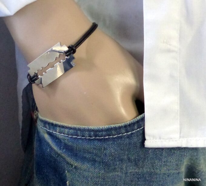 N3080terh_Bracelet_homme_cordon_cuir_lame_de_rasoir_acier_inoxydable