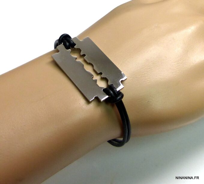 N3080teri_Bracelet_cordon_cuir_lame_de_rasoir_acier_inoxydable