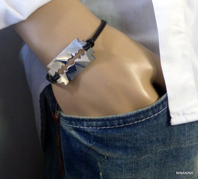N3080teri_Bracelet_homme_cordon_cuir_lame_de_rasoir_acier_inoxydable