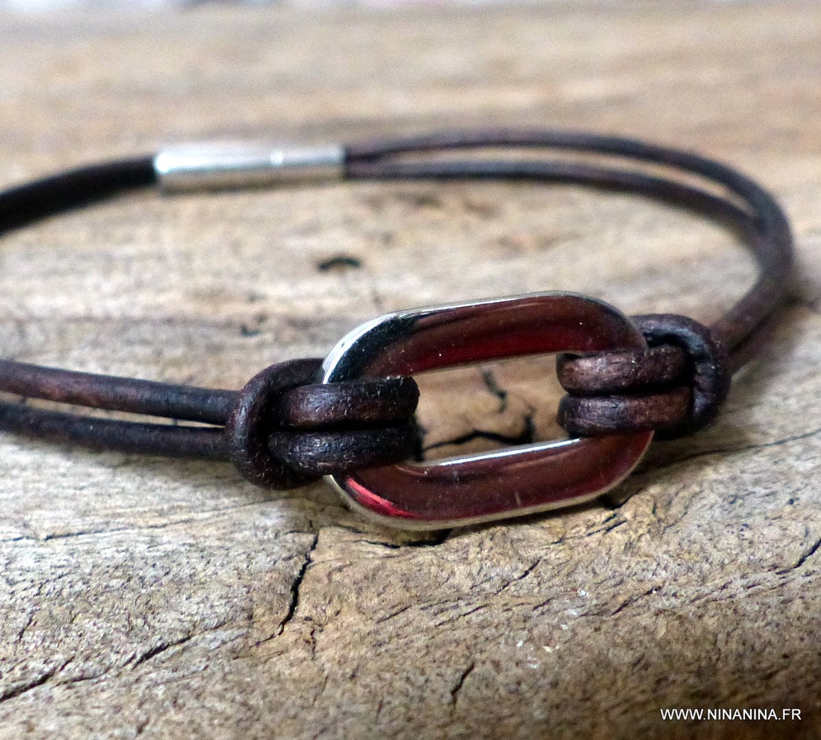 Bracelet Homme Anneau Ovale Acier Inoxydable cordon cuir – Image 4