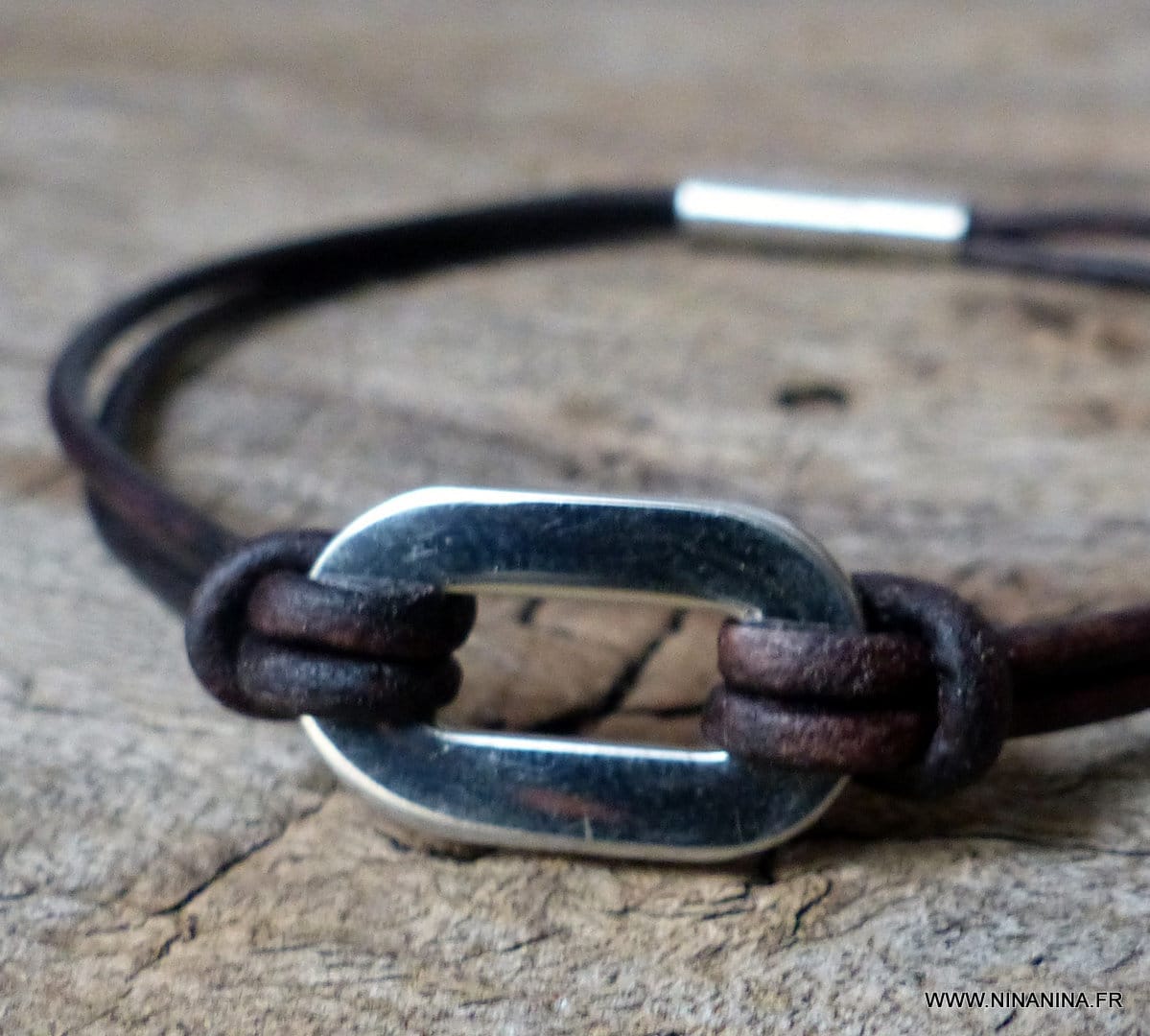 Bracelet Homme Anneau Ovale Acier Inoxydable cordon cuir – Image 2