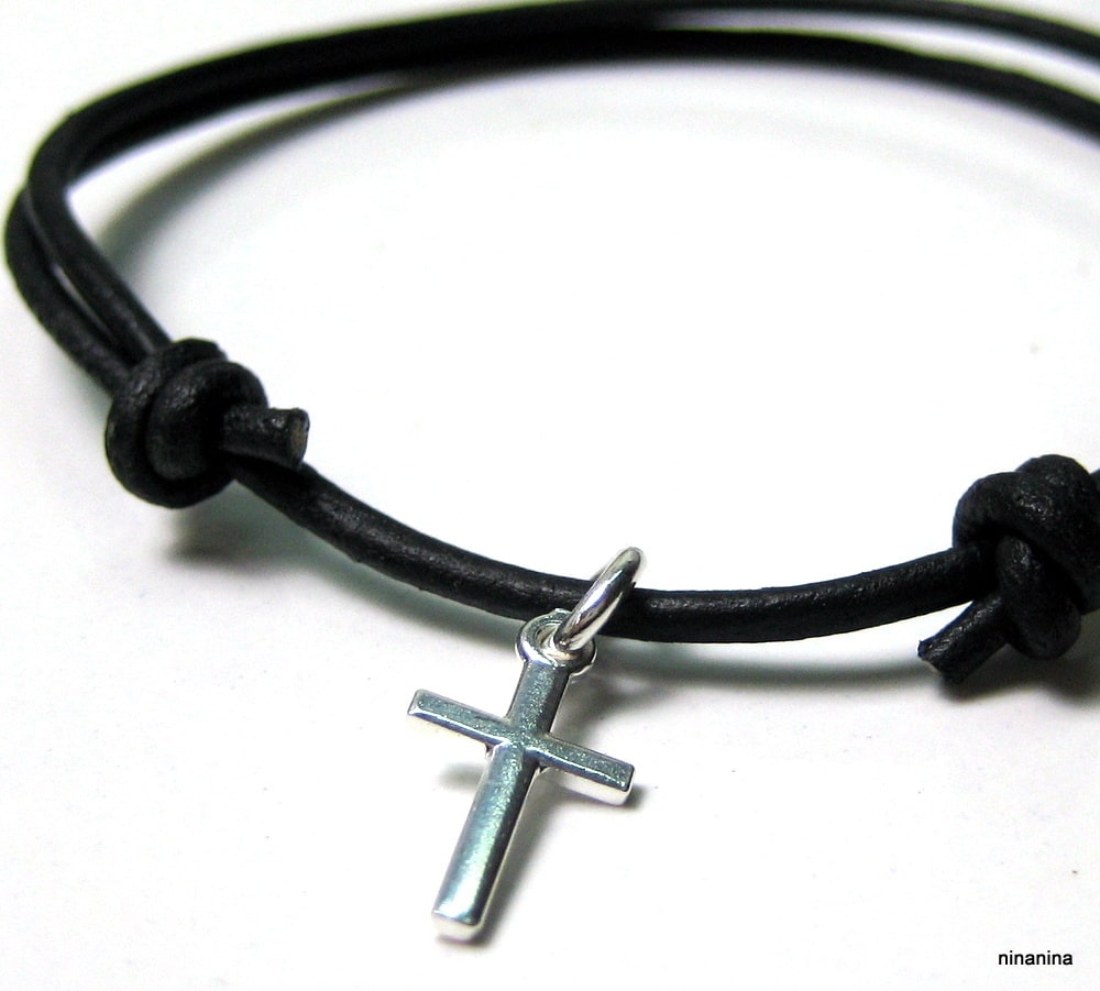 Bracelet homme breloque croix pendante Argent 925 cordon cuir – Image 2