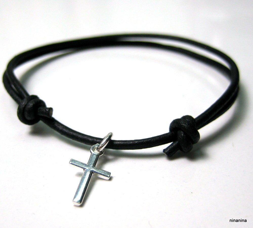 Bracelet homme breloque croix pendante Argent 925 cordon cuir – Image 4