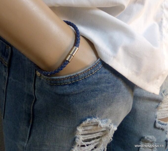 N3225b_Bracelet_homme_cuir_bleu_tresse_fermoir_acier_inoxydable_-_Bijoux_en_ligne_NINANINA