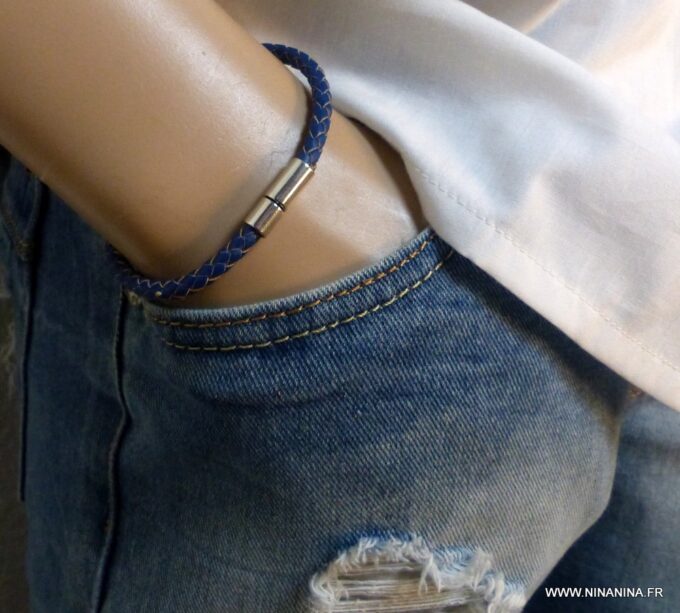 N3225d_Bracelet_homme_cuir_bleu_tresse_fermoir_acier_inoxydable_-_Bijoux_en_ligne_NINANINA