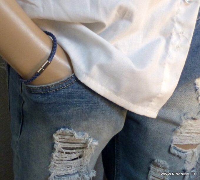 N3225f_Bracelet_homme_cuir_bleu_tresse_fermoir_acier_inoxydable_-_Bijoux_en_ligne_NINANINA