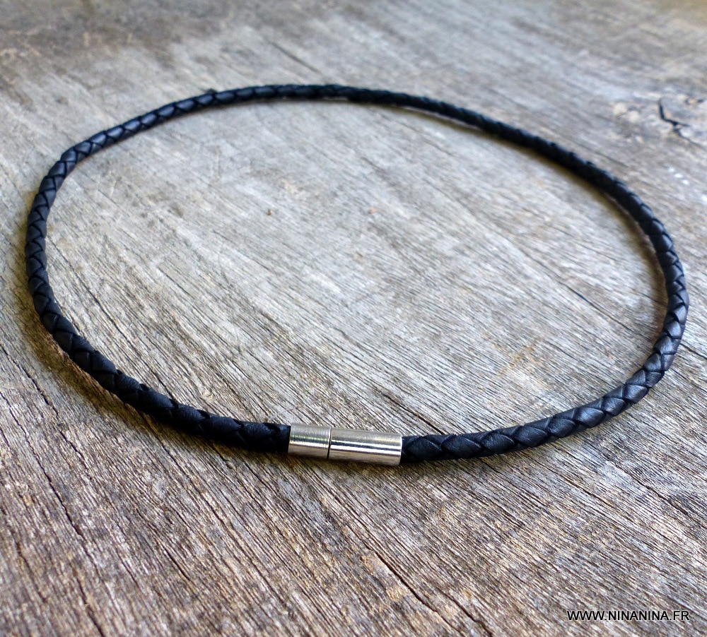 Collier homme cuir tressé fermoir Acier argenté Ninanina