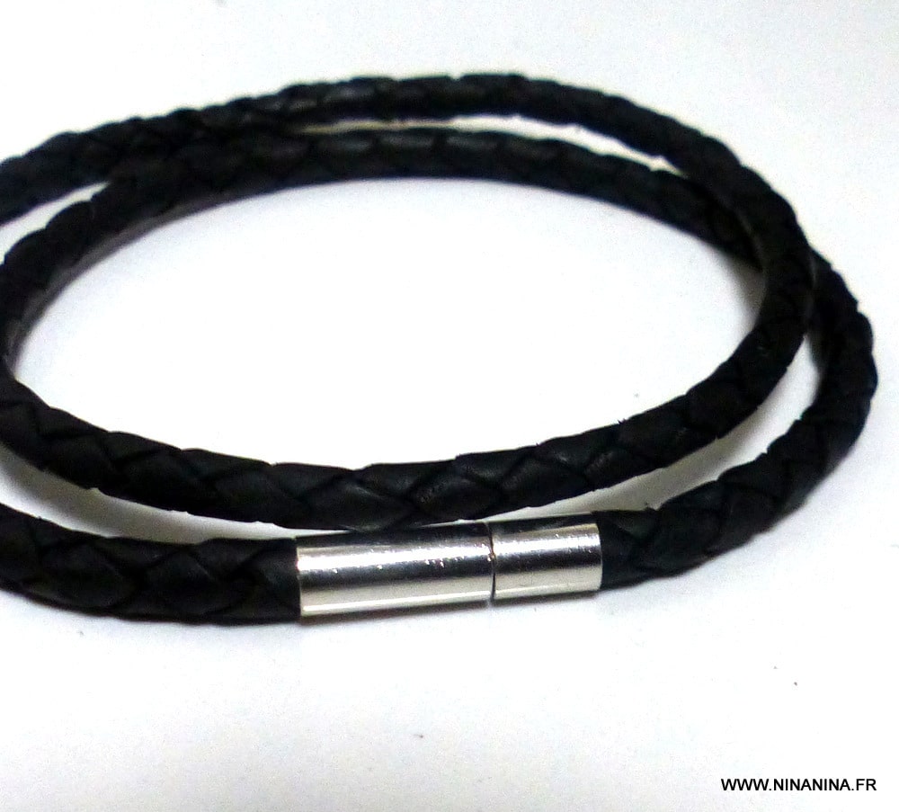 Bracelet Cordon Cuir tressé 2 tours et Fermoir Acier Inoxydable – Image 2