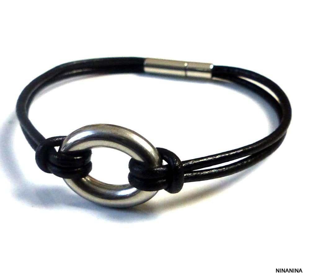 Bracelet homme cordon cuir anneau ovale Acier inoxydable – Image 2