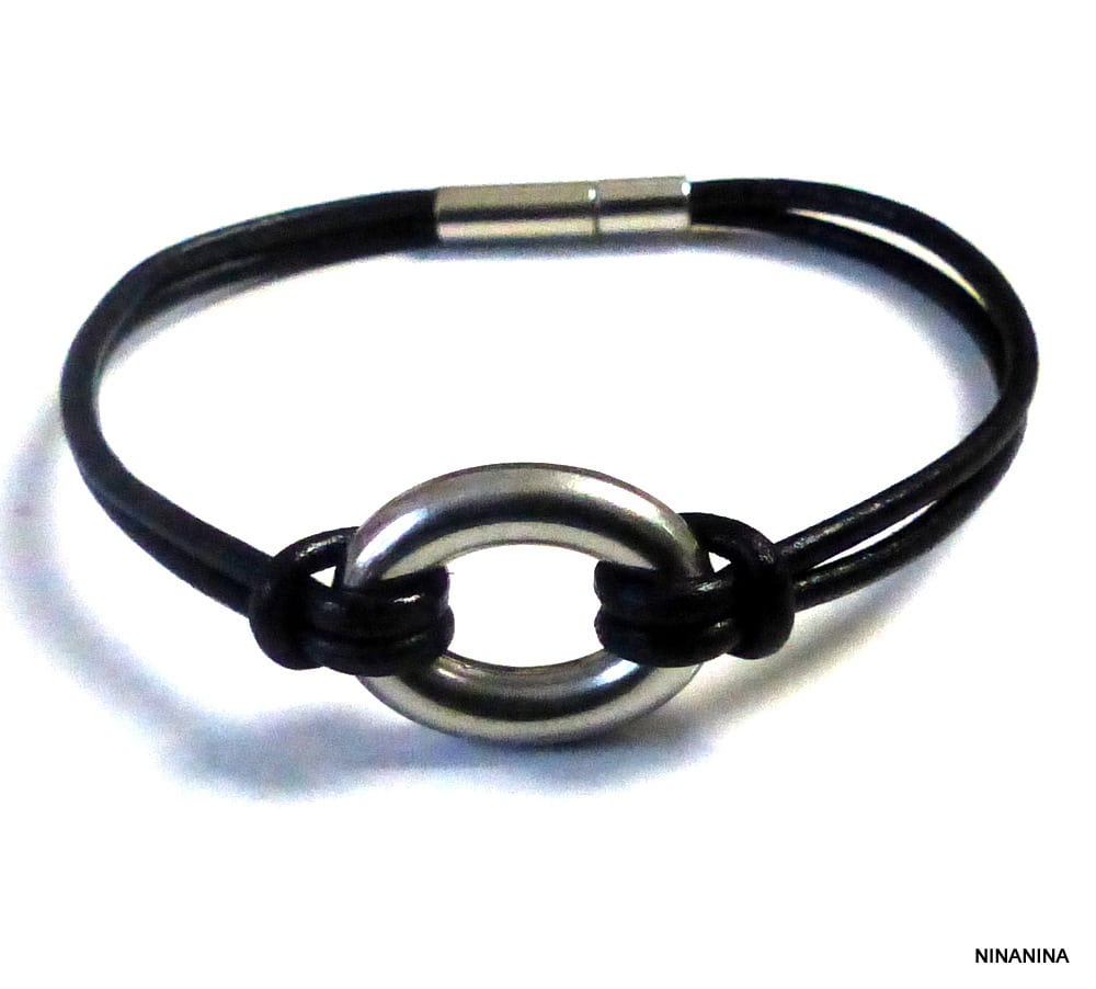 Bracelet homme cordon cuir anneau ovale Acier inoxydable – Image 3