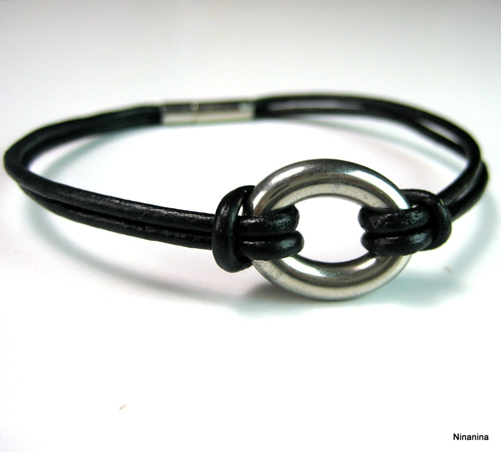 Bracelet homme cordon cuir anneau ovale Acier inoxydable – Image 4