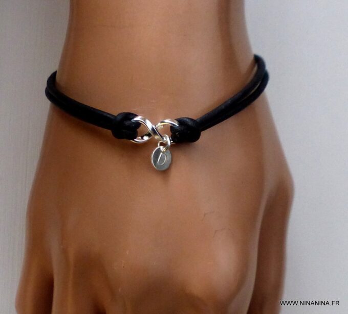 N3272a Bracelet infini Argent 925 massif personnalisé sur cordon cuir - Bijoux Bracelets en ligne Ninanina