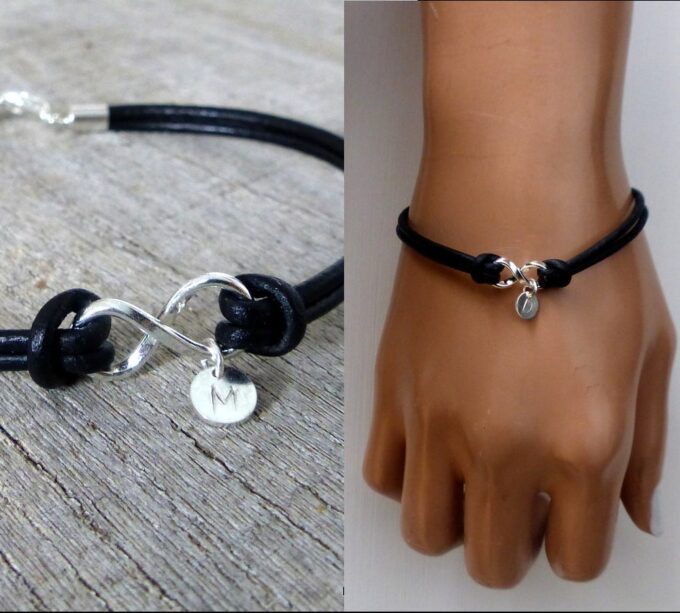 N3272c Bracelet infini Argent 925 massif personnalisé sur cordon cuir - Bijoux Bracelets en ligne Ninanina