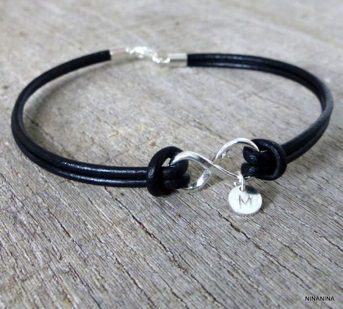 N3272terj Bracelet infini argent massif et cuir personnalisé initiale