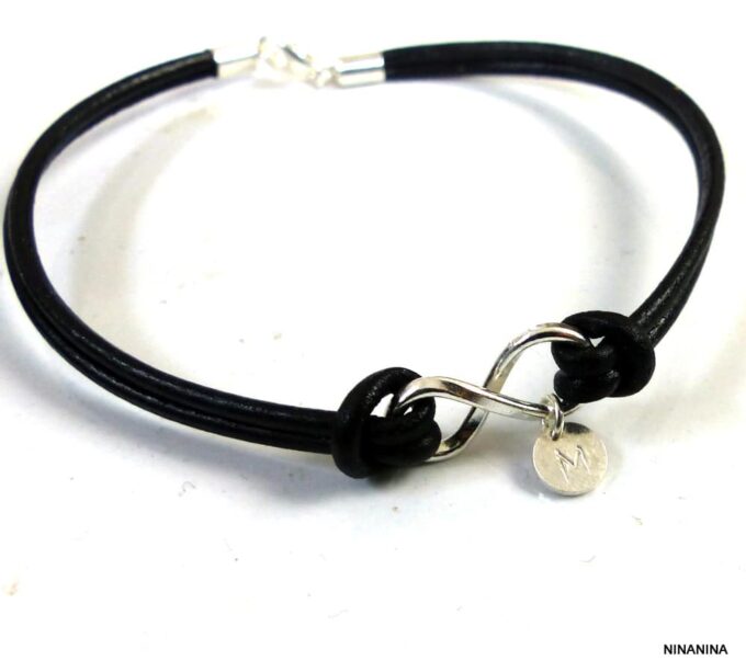 N3272term Bracelet infini argent massif et cuir personnalisé initiale