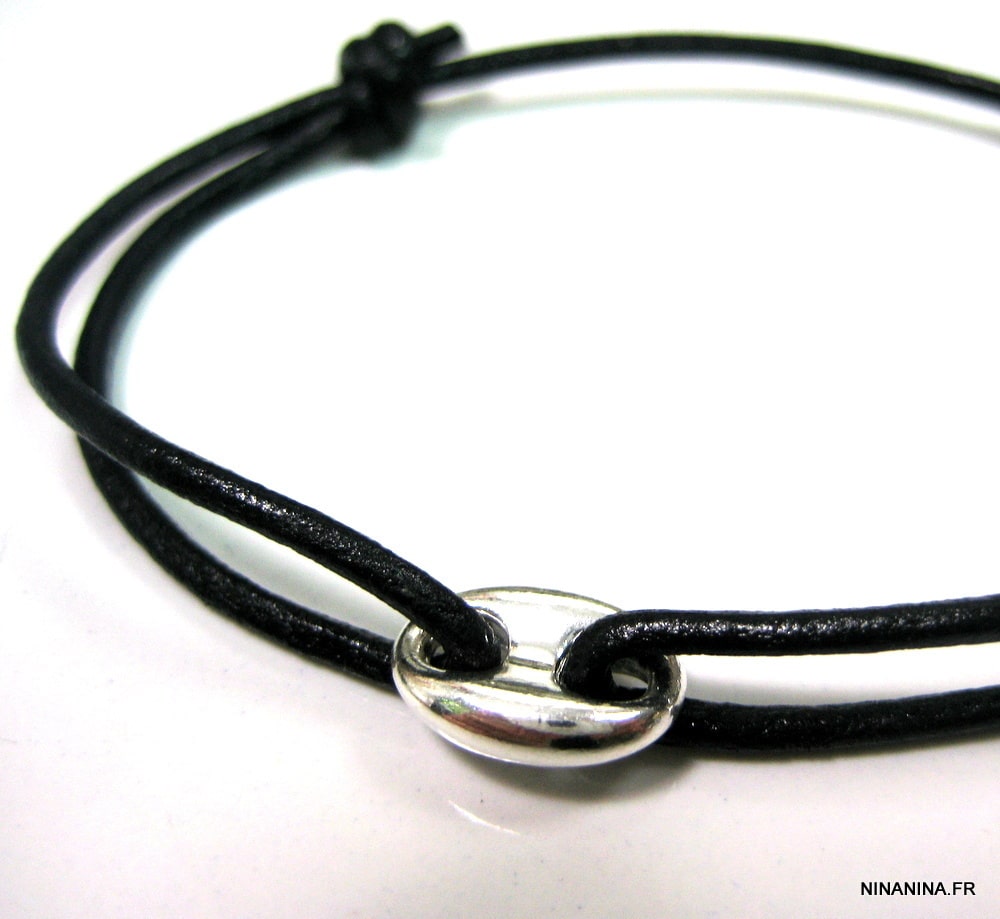 Bracelet grain de café Argent plaqué cordon cuir réglable – Image 4