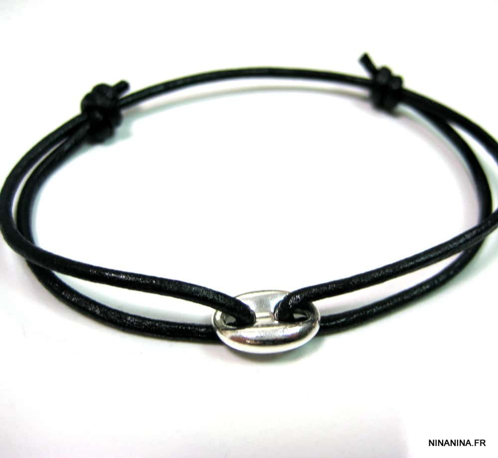 Bracelet grain de café Argent plaqué cordon cuir réglable – Image 6