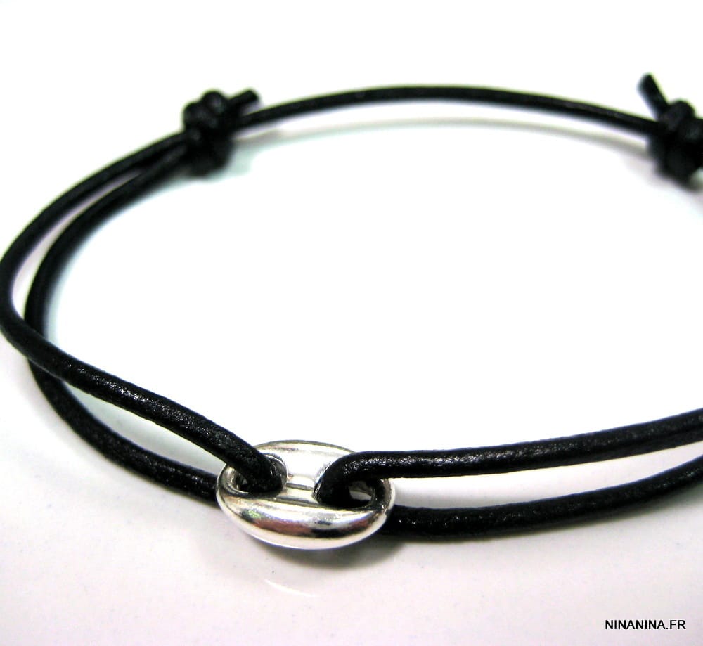 Bracelet grain de café Argent plaqué cordon cuir réglable – Image 2