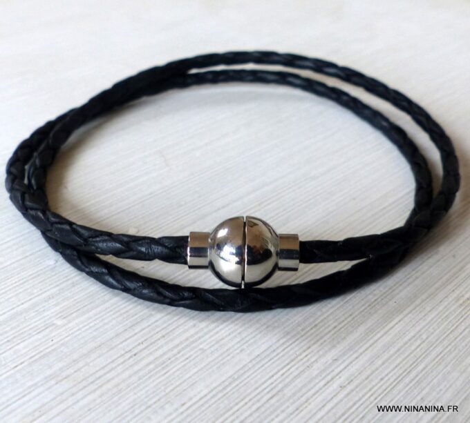 N3329b_Bracelet_cordon_cuir_tresse_2_tours_fermoir_acier_aimante_-_Bijoux_en_ligne_NINANINA