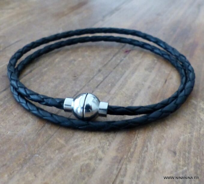 N3329f_Bracelet_cordon_cuir_tresse_2_tours_fermoir_acier_aimante_-_Bijoux_en_ligne_NINANINA