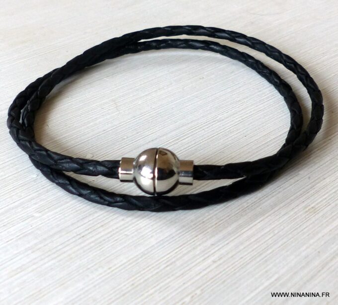 N3329l_Bracelet_cordon_cuir_tresse_2_tours_fermoir_acier_aimante_-_Bijoux_en_ligne_NINANINA