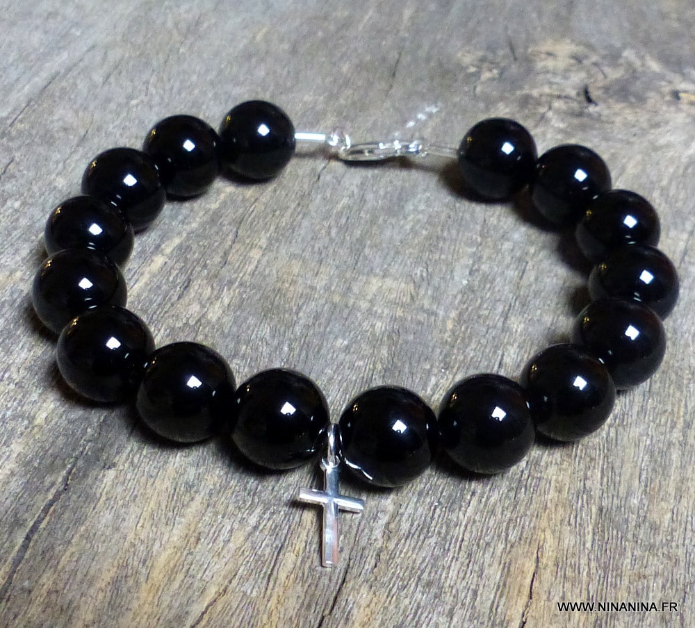 Bracelet perles de pierres noires et argent 925 UNAI