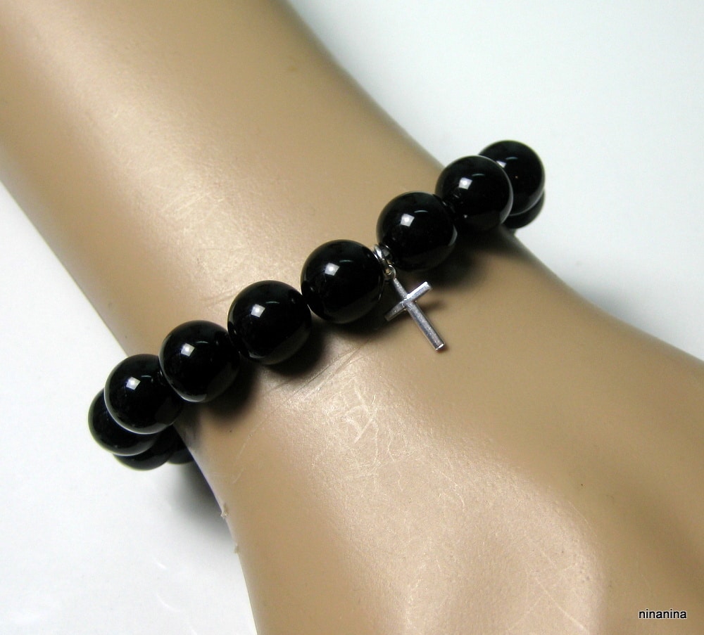 Bracelet perles de pierres noires et argent 925 UNAI