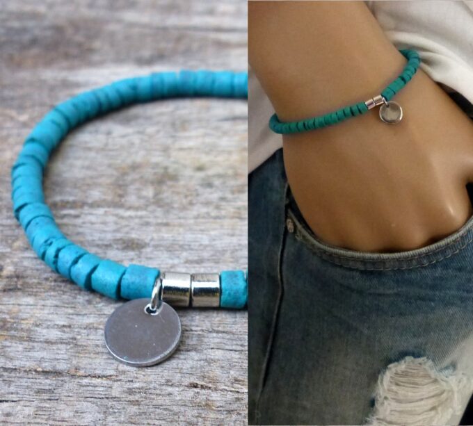 N3347d_Bracelet_rondelles_coco_turquoise_fermoir_acier_inoxydable_-_Bijoux_Bracelets_en_ligne_Ninanina