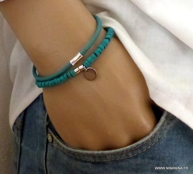 N3347e_Bracelet_rondelles_coco_turquoise_fermoir_acier_inoxydable_-_Bijoux_Bracelets_en_ligne_Ninanina