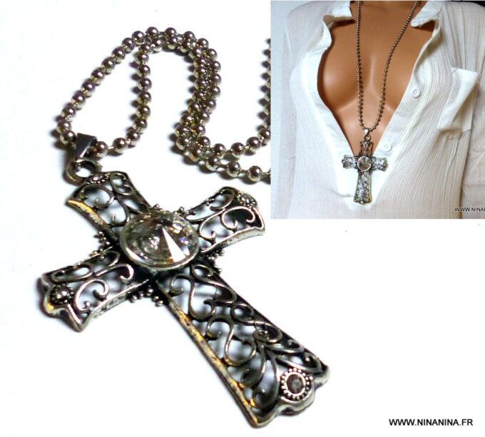 N3349a_Collier_femme_long_sautoir_croix_gothique_metal_argente_chaine_boule_NINANINA
