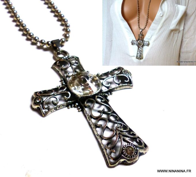 N3349g_Collier_femme_long_sautoir_croix_gothique_metal_argente_chaine_boule_NINANINA