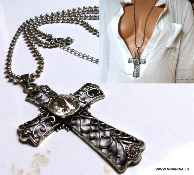 N3349o_Collier_femme_long_sautoir_croix_gothique_metal_argente_chaine_boule_NINANINA