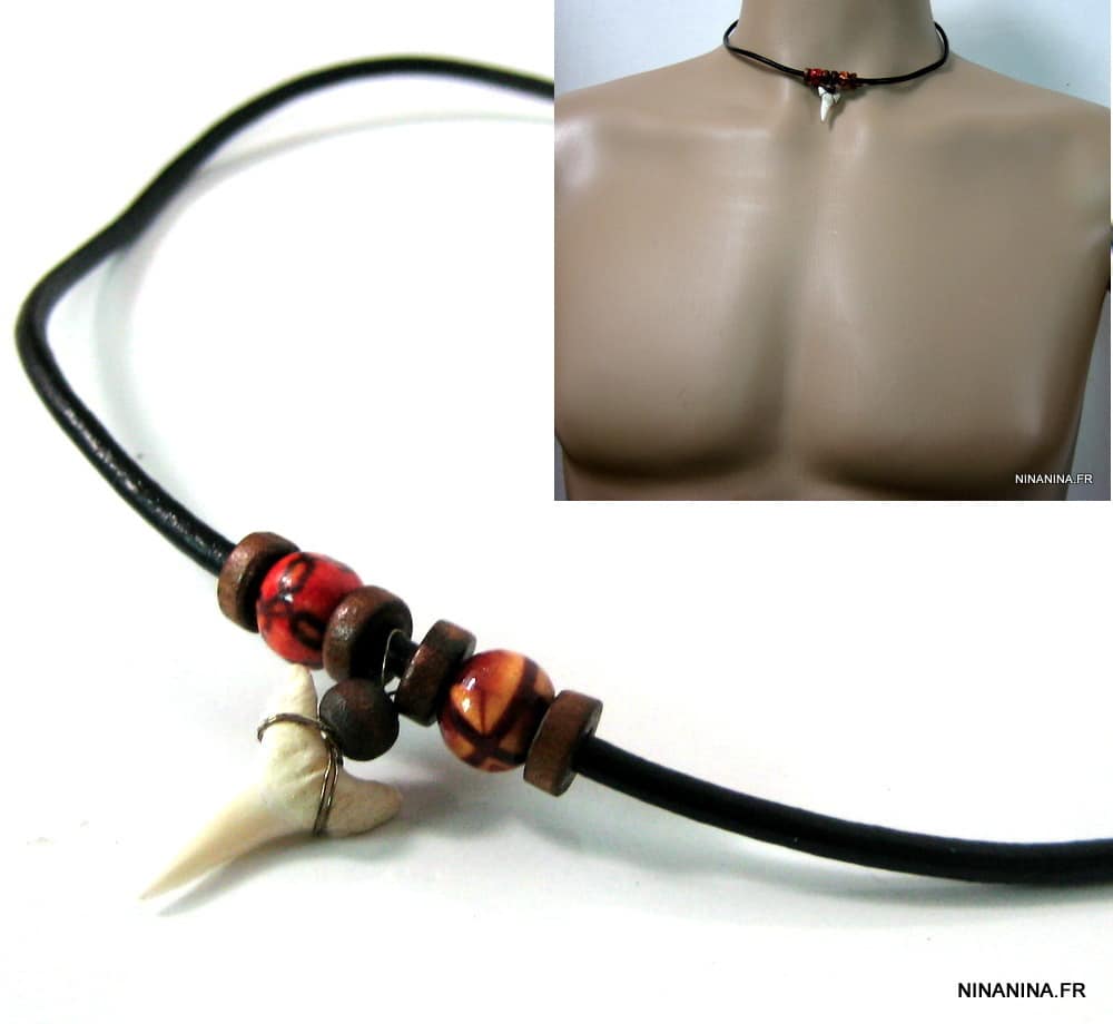 Collier Dent De Requin Véritable - Marron, Taille Réglable - Pour Surfeurs