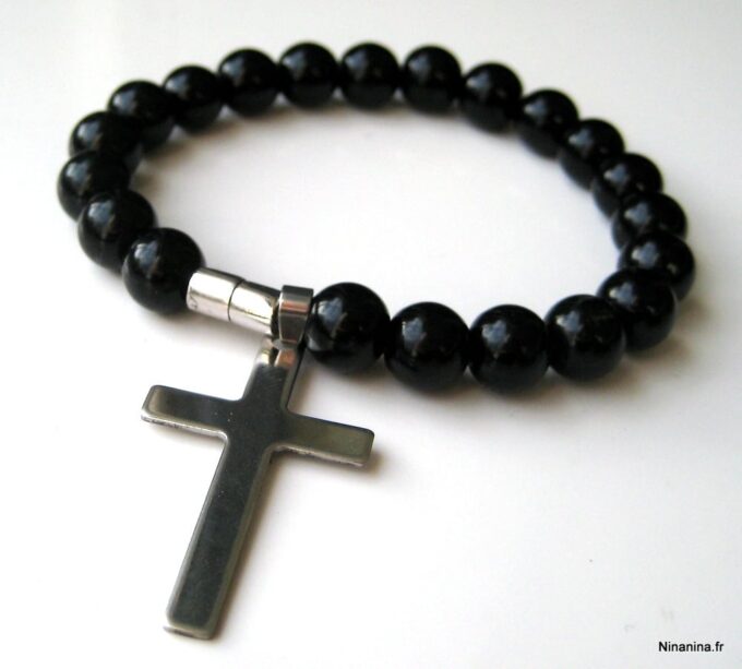 N3383_bracelet_croix_acier_inoxydable_et_perles_noires