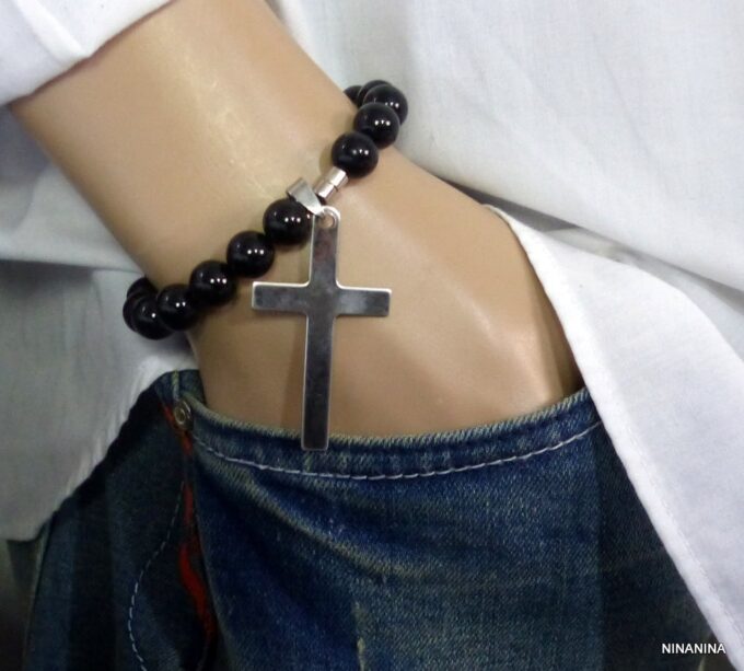 N3383a_Bracelet_homme_agates_perles_noires_croix_acier_inoxydable