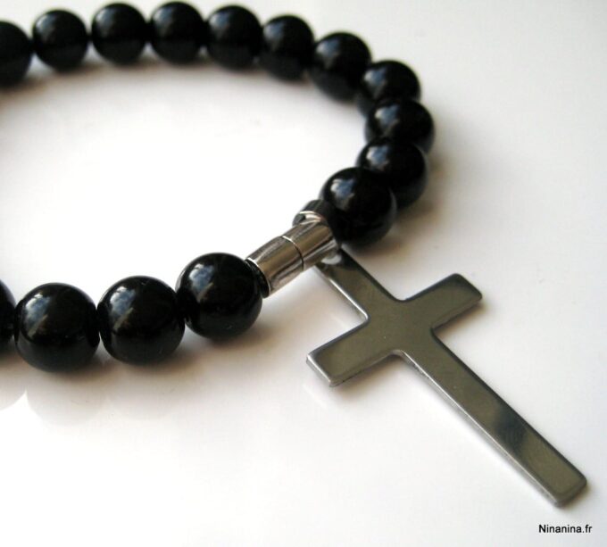 N3383a_bracelet_croix_acier_inoxydable_et_perles_noires