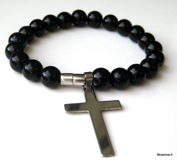 N3383b_bracelet_croix_acier_inoxydable_et_perles_noires