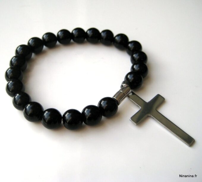 N3383c_bracelet_croix_acier_inoxydable_et_perles_noires